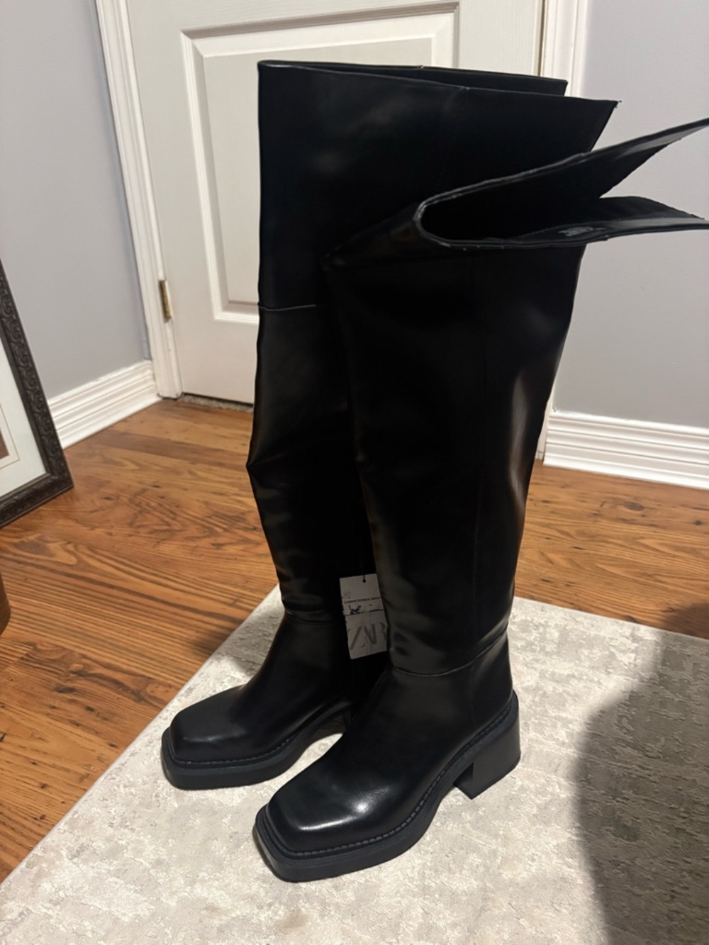 Zara Black Over-the-Knee Square Toe Leather Boots